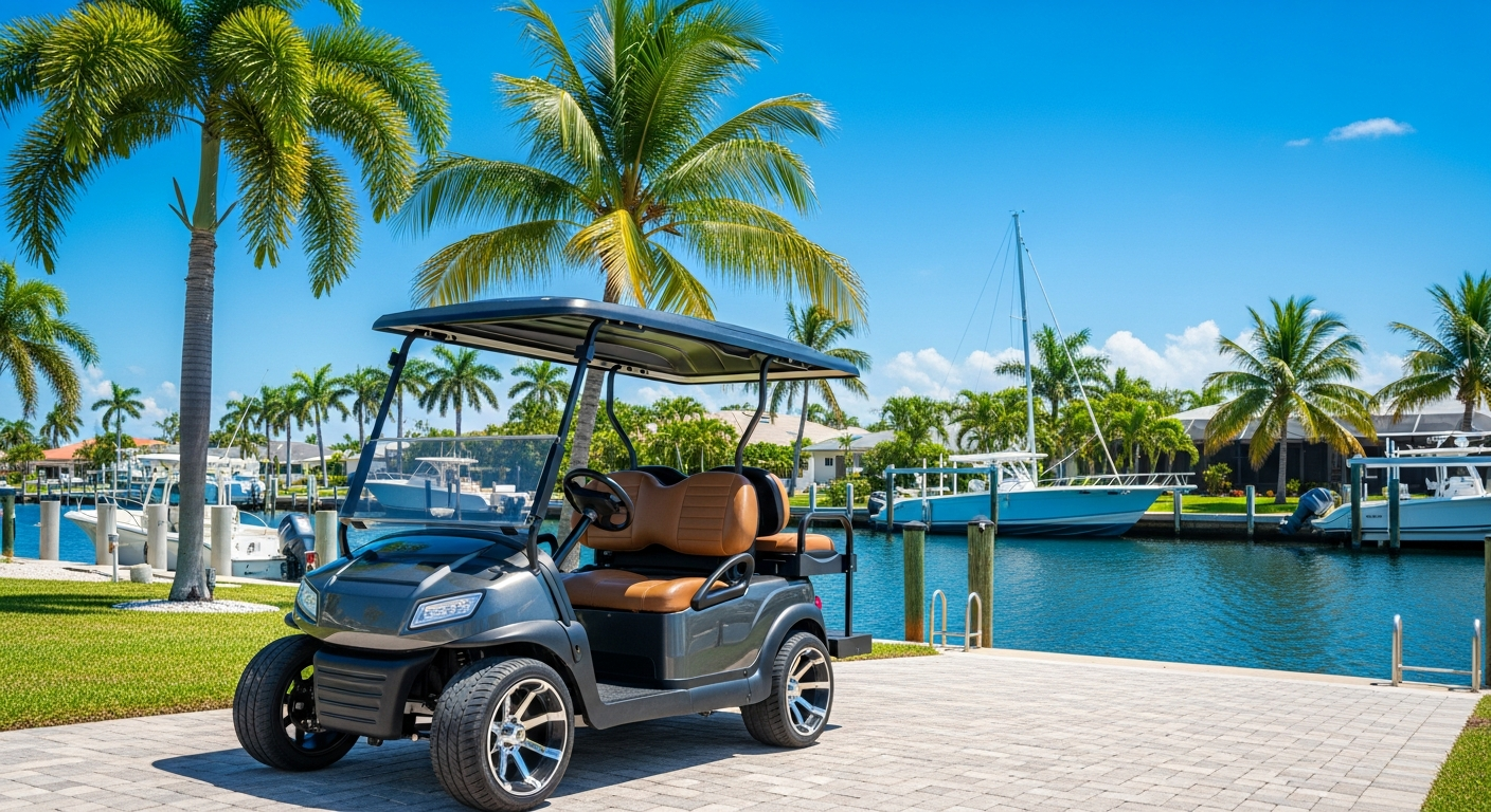 Golf cart parked beside a residential saltwater canal in Cape Coral, Florida