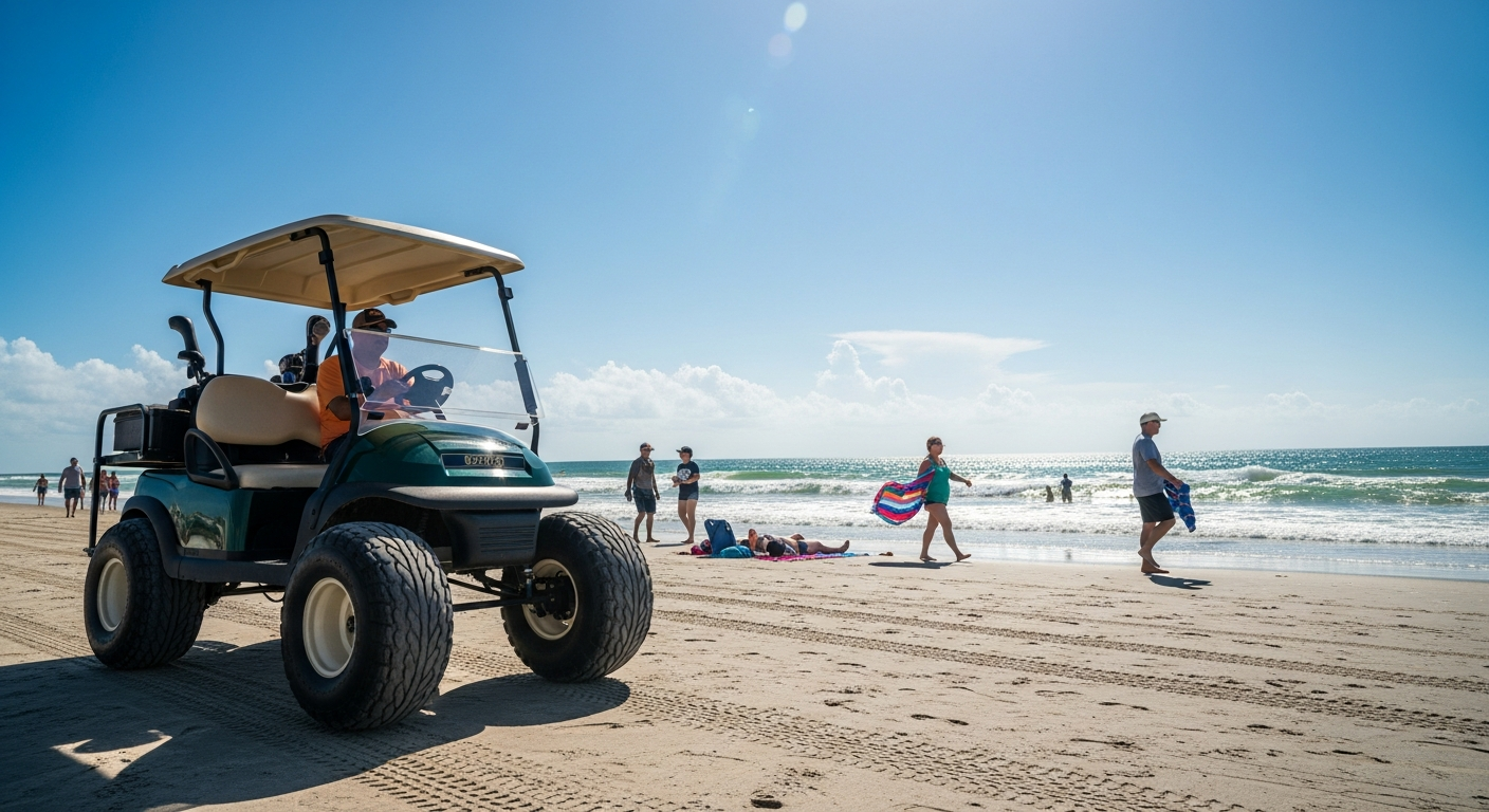 Golf cart on the hard-packed sand of Daytona Beach, Florida with ocean behind