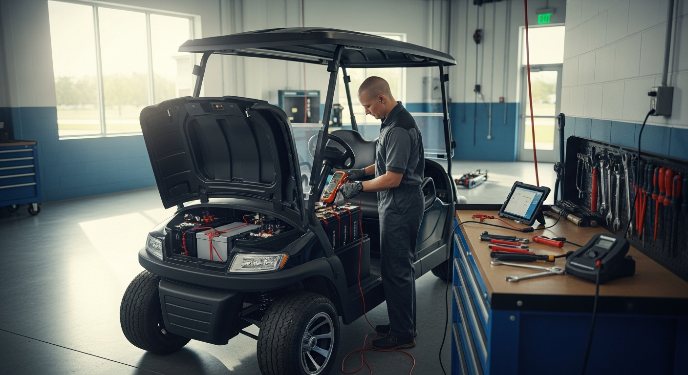 Technician servicing the lithium battery of an electric golf cart in a Florida shop