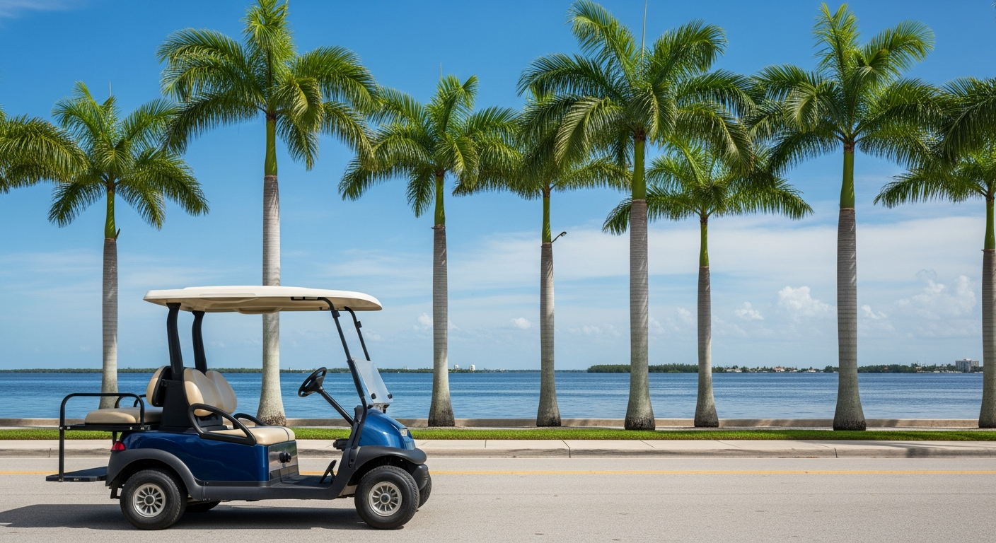 Family golf cart on a palm-lined riverfront boulevard in Fort Myers, Florida