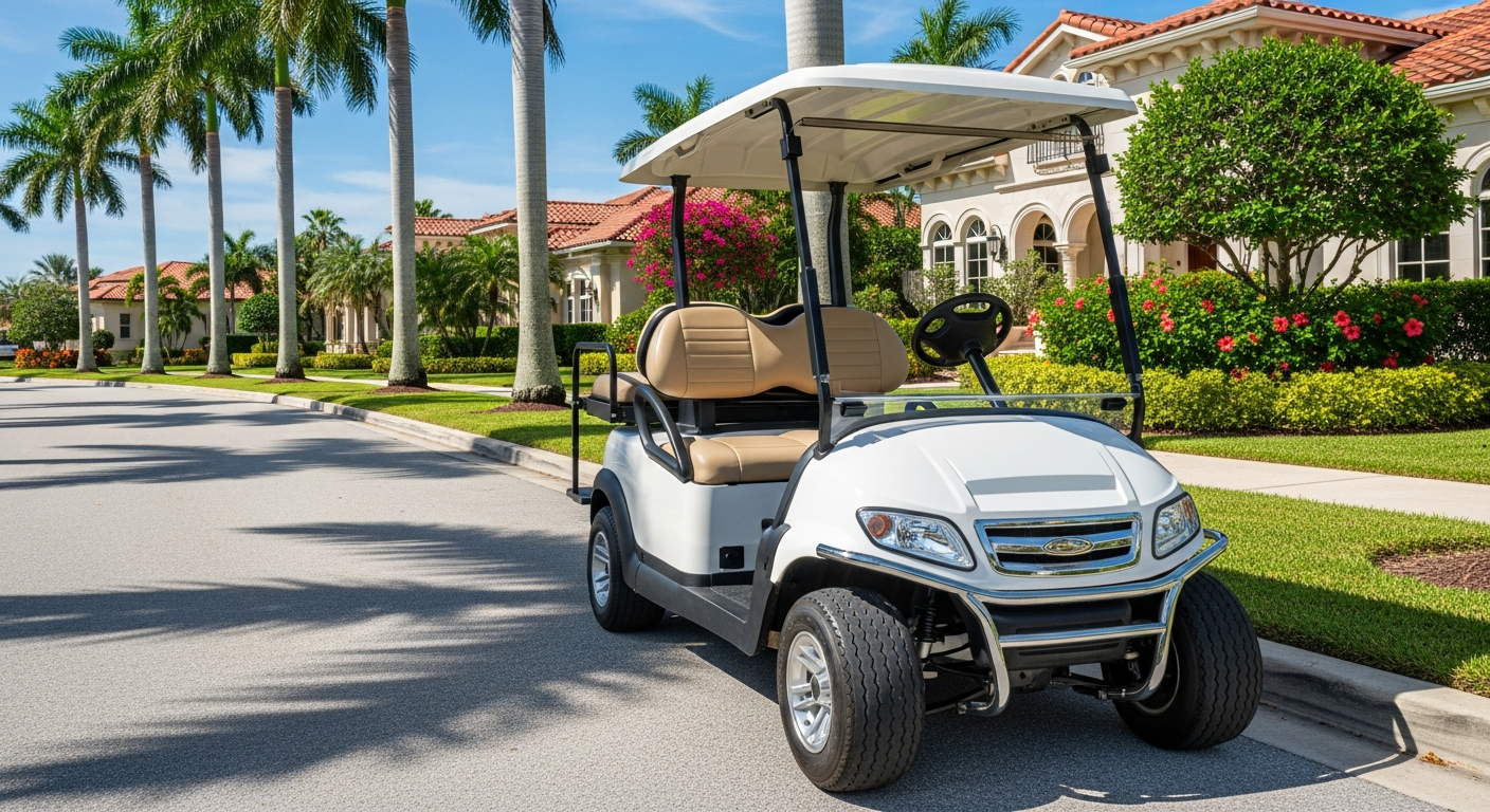 Upscale golf cart on an elegant palm-lined avenue in Naples, Florida