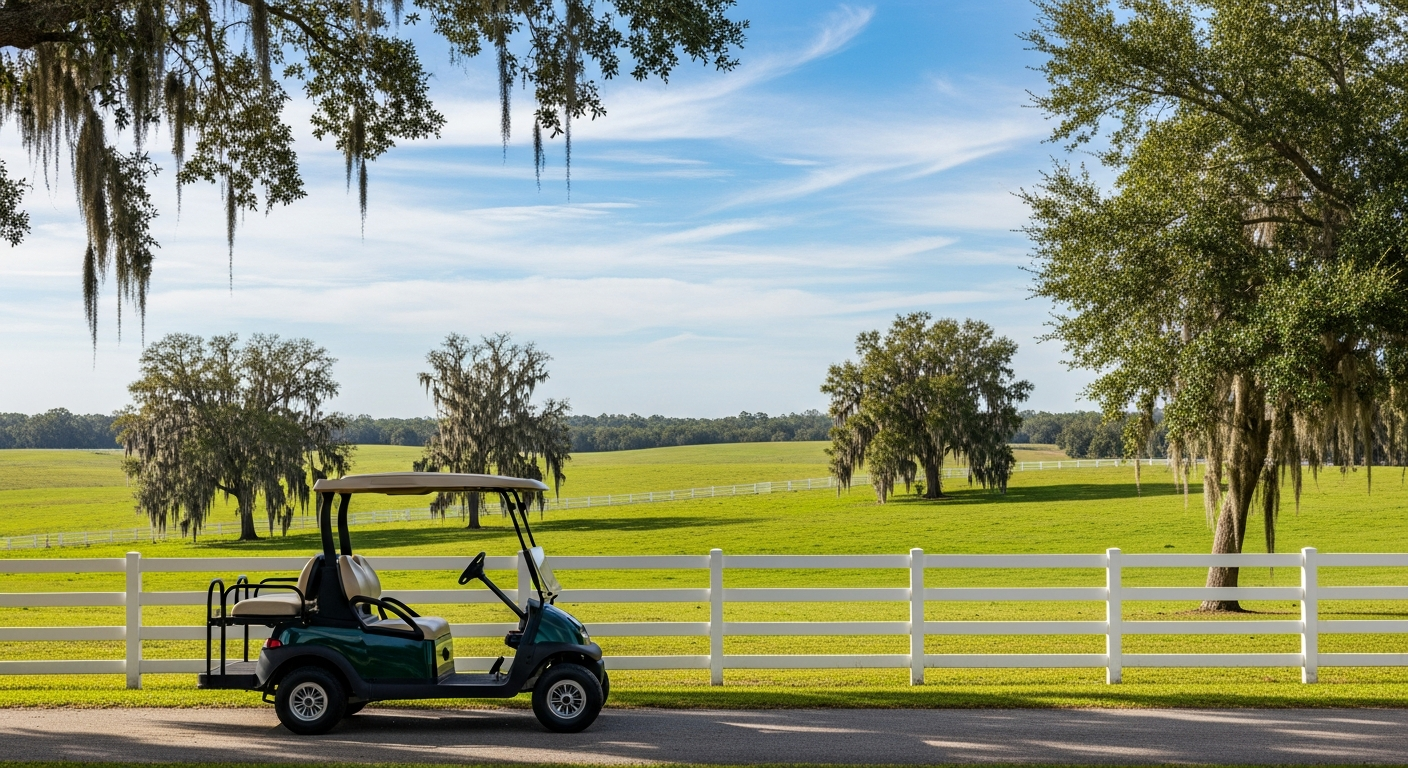 Electric golf cart parked beside a white-fenced horse farm near Ocala, Florida
