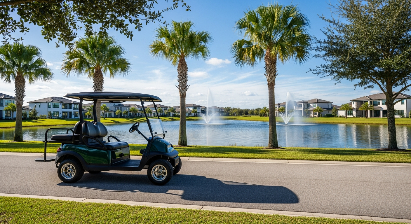 Electric golf cart on a path in a master-planned Orlando, Florida community