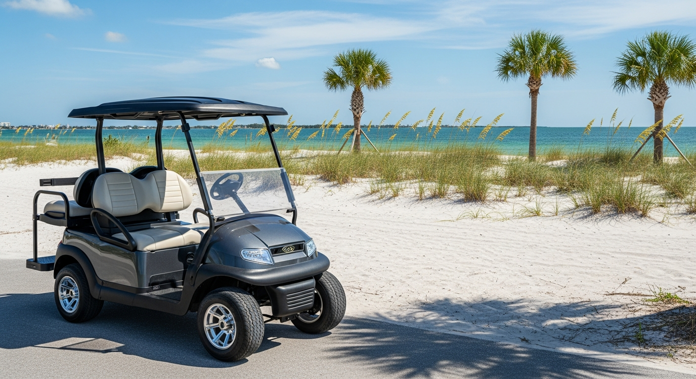 Modern golf cart parked near a white-sand bayfront in Sarasota, Florida
