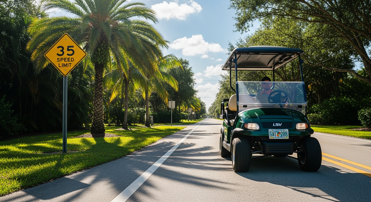 Street-legal golf cart with lights and plate on a 35 mph Florida road
