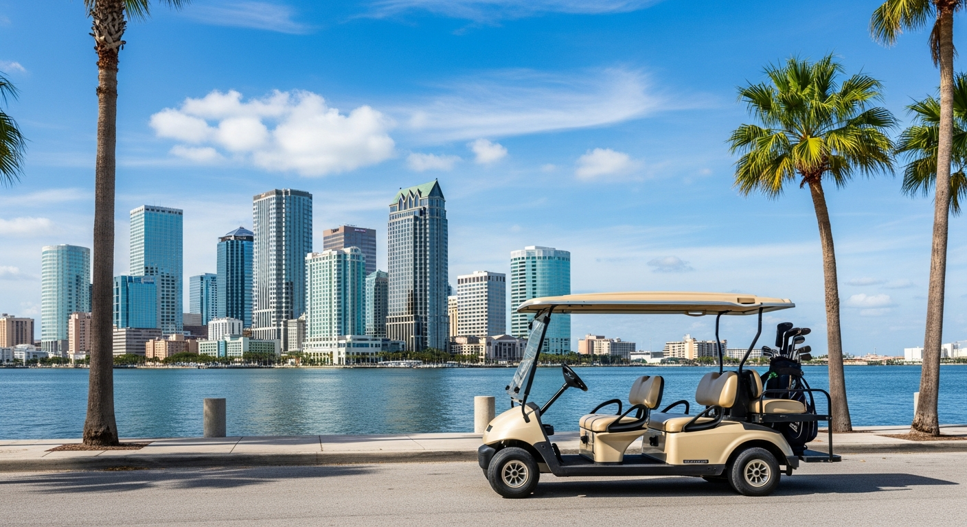 Golf cart parked along the Tampa Bay waterfront with the skyline behind