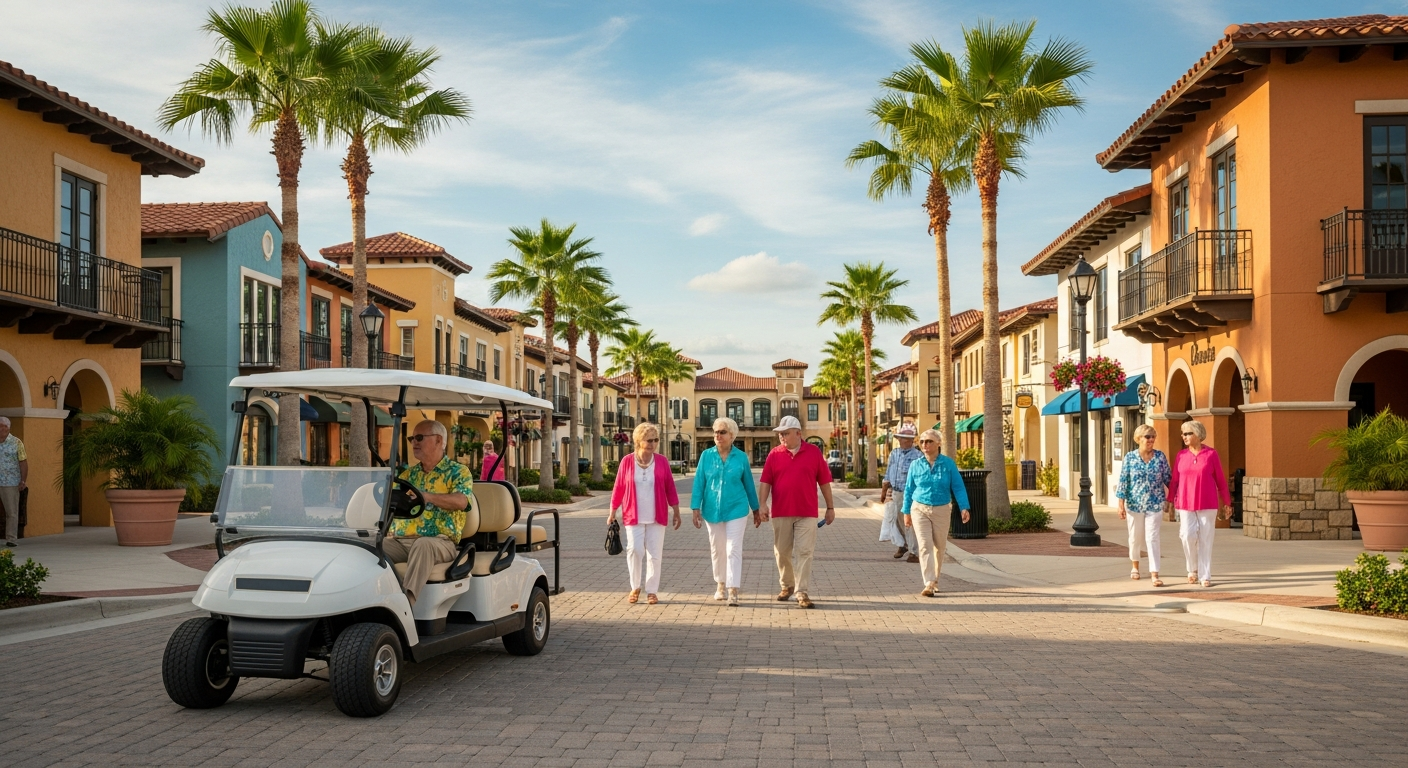 Street-legal golf cart parked on a town-square street in The Villages, Florida
